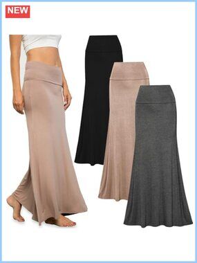 3 Pack Long Maxi Skirts High Waisted Fold Over Flowy Rayon Stretch